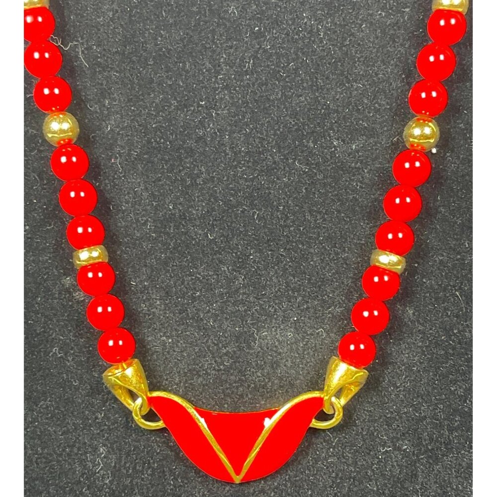 Napier Enamel Pendant Necklace Signed Red Gold Tone Bead Business Classic VTG